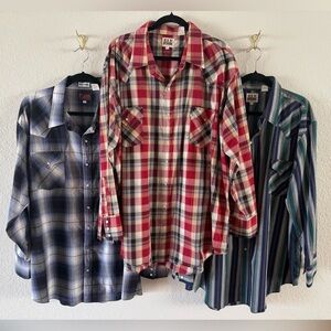 3 Vintage Plaid Pearl Snap Western Shirts Long Sleeve Men’s 3XL Excellent Cond.